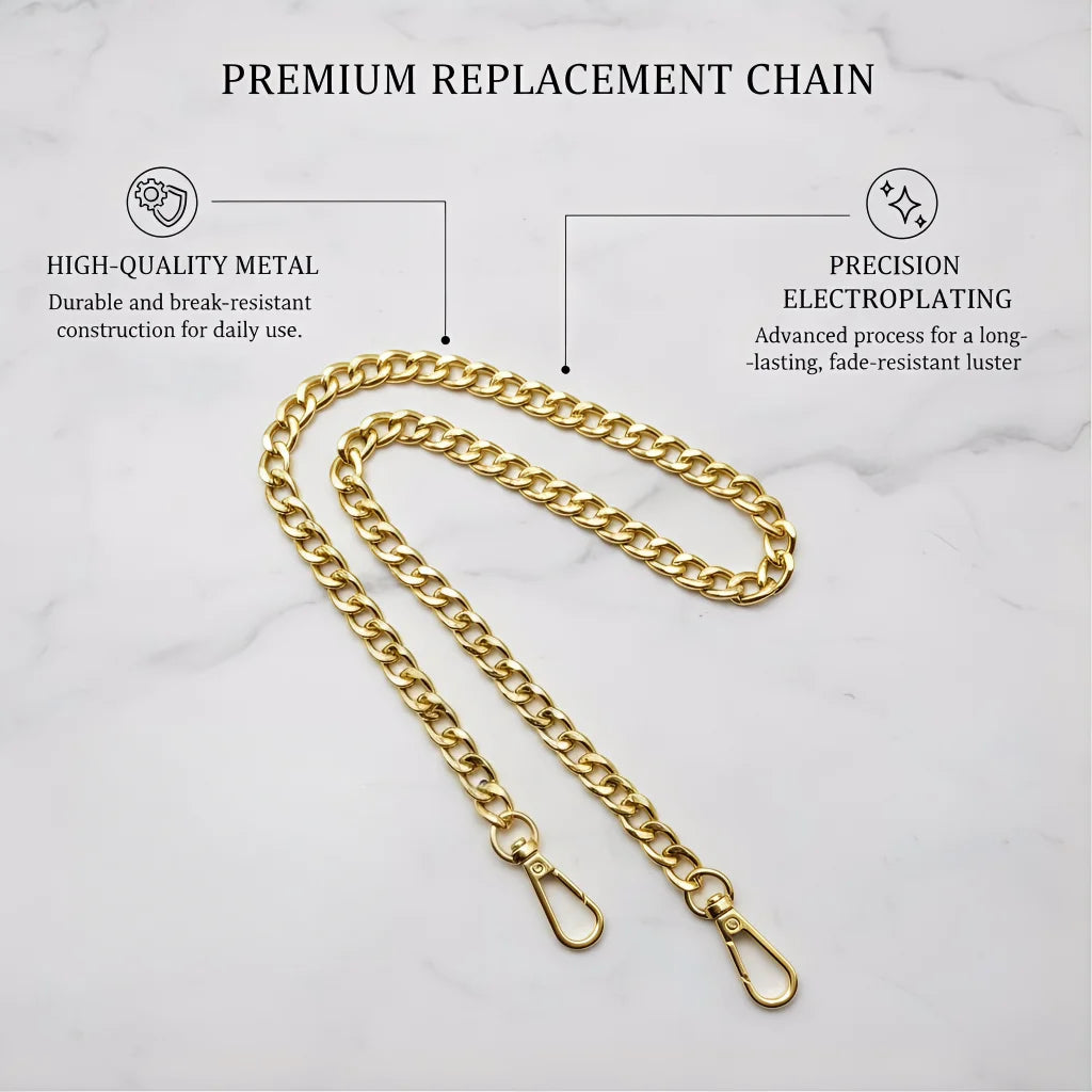 A gold-colored premium replacement chain is displayed on a white marble background.