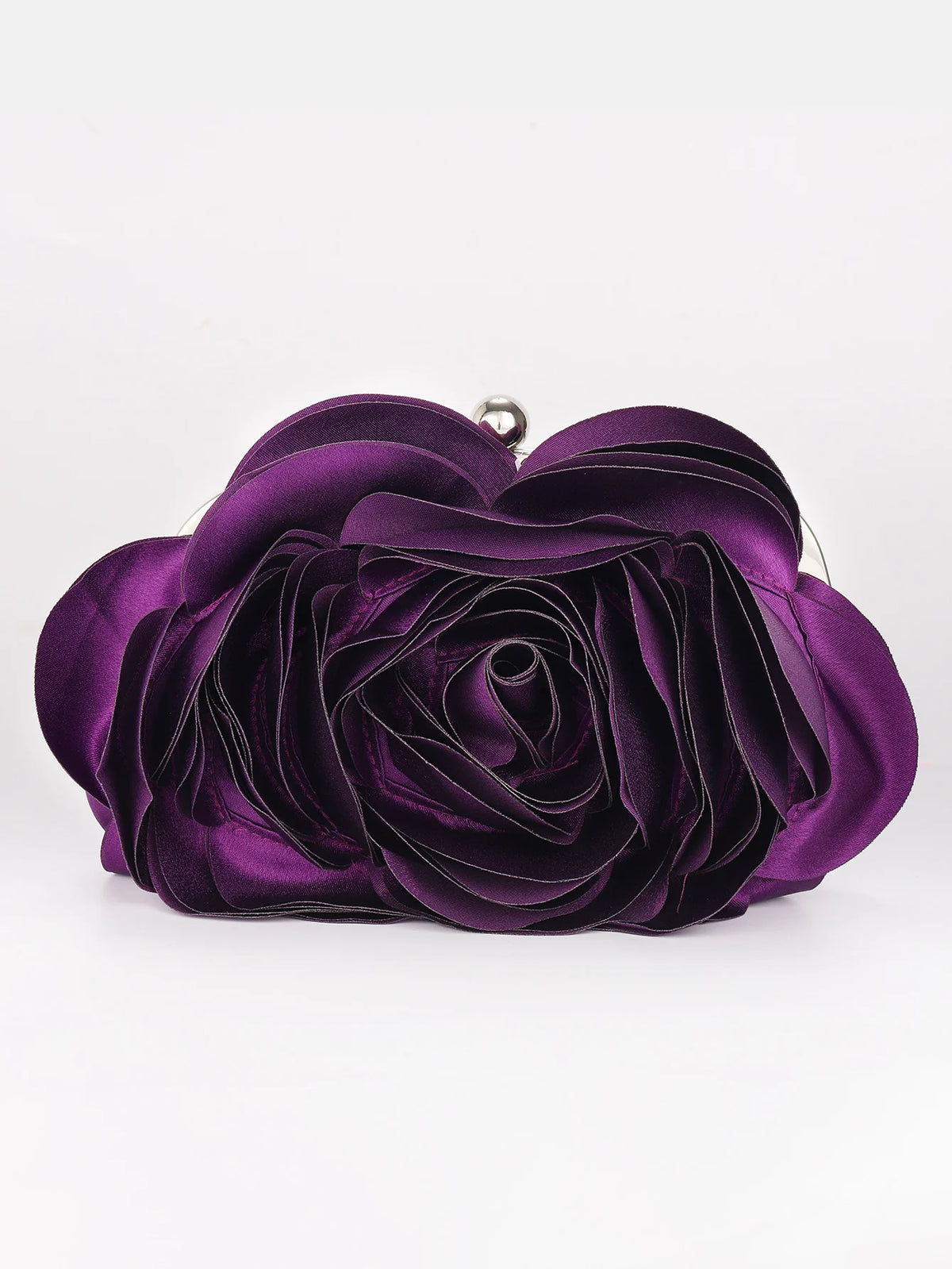 A deep purple rose floral evening clutch bag with a silver chain strap.