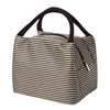 A striped insulated lunch tote bag with a black adjustable shoulder strap.