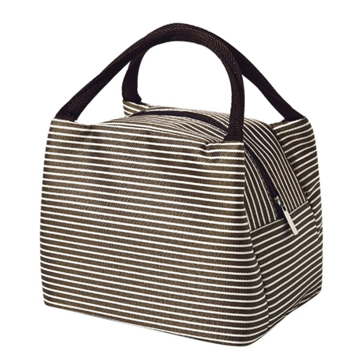 A striped insulated lunch tote bag with a black adjustable shoulder strap.