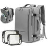 A gray 15-inch travel laptop backpack with a clear protective case shown alongside the bag.