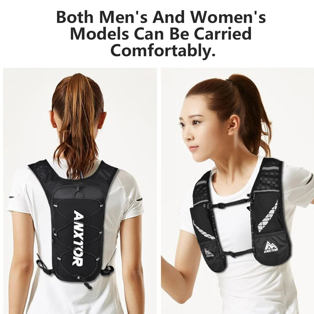 Black hydration vest worn by both a man and a woman, demonstrating comfortable carrying for trail running and fitness.