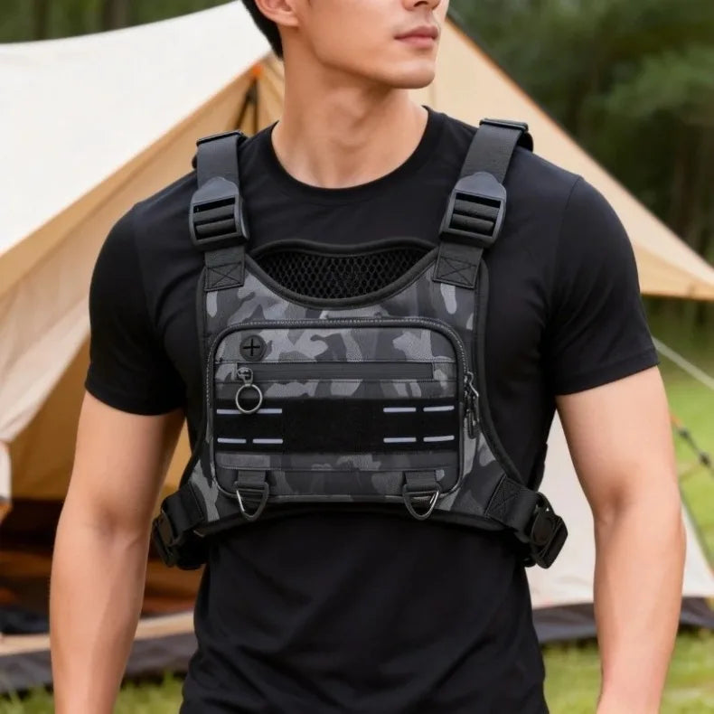A man wearing a black t-shirt is shown holding an ultralight tactical chest bag with reflective strips.