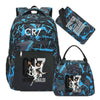 A black and blue sports laptop backpack featuring Cristiano Ronaldo graphics and an attached rain cover.