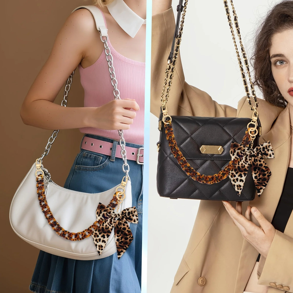 Eine Frau hält eine schwarze Kunstleder-Leopardenmuster-Acryl-Tasche mit goldener Kette und Schleifchen an einer beigen Jacke