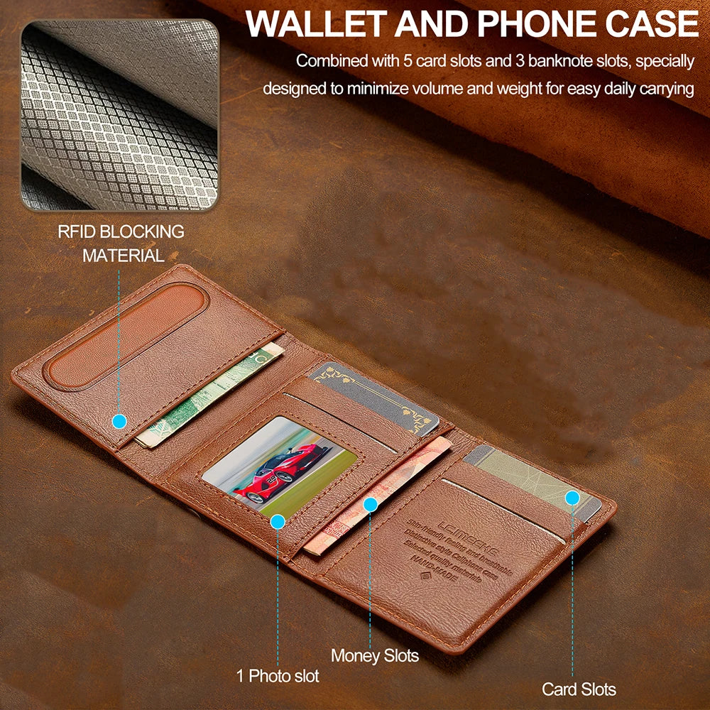 A brown wallet and phone case showing various card slots, including photo slots and banknote slots.