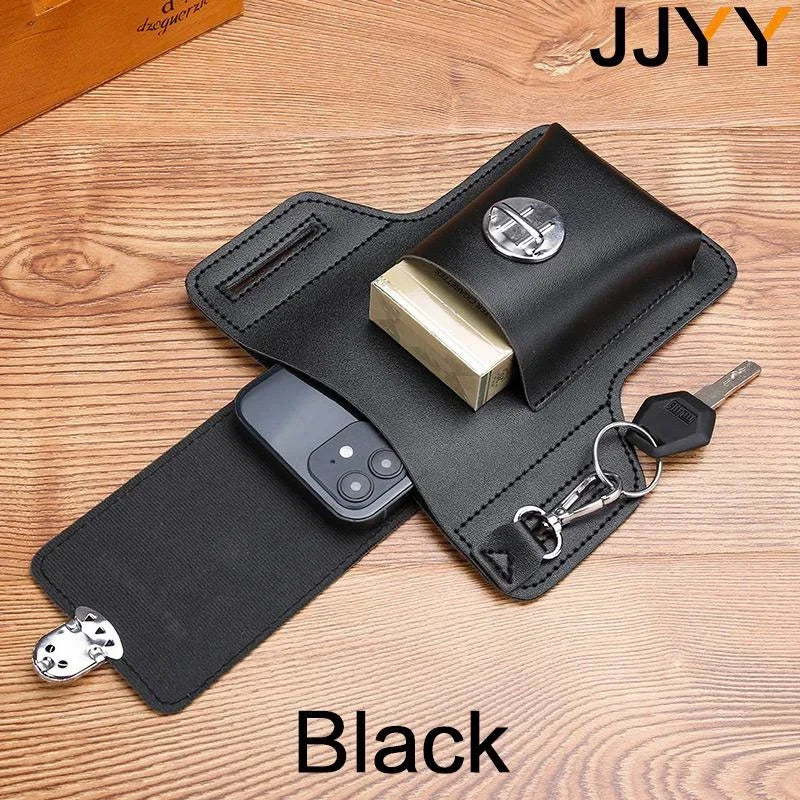 Black vintage leather waist bag with a belt clip for holding a phone and essentials