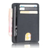 A black slim PU leather card holder wallet with several cards inside.