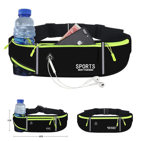 Black sports belt with a water bottle pocket and a phone holder, shown in various configurations.