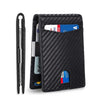 Black textured wallet holding a credit card and ID card.
