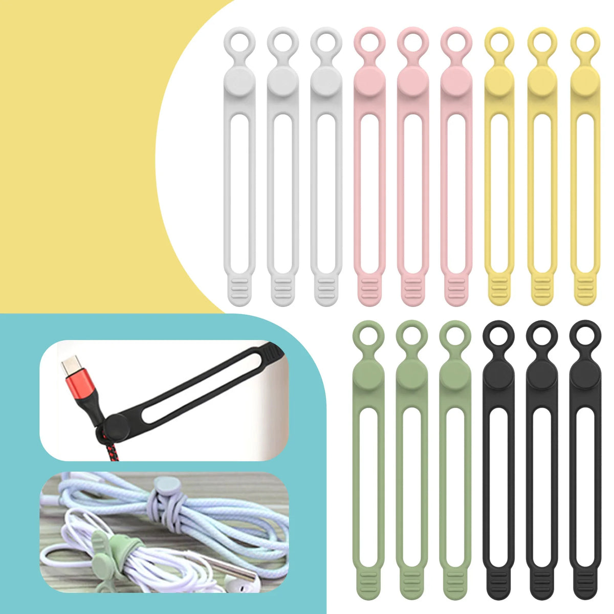 A collection of silicone cable ties and cord organizers in various colors including white, pink, and yellow.