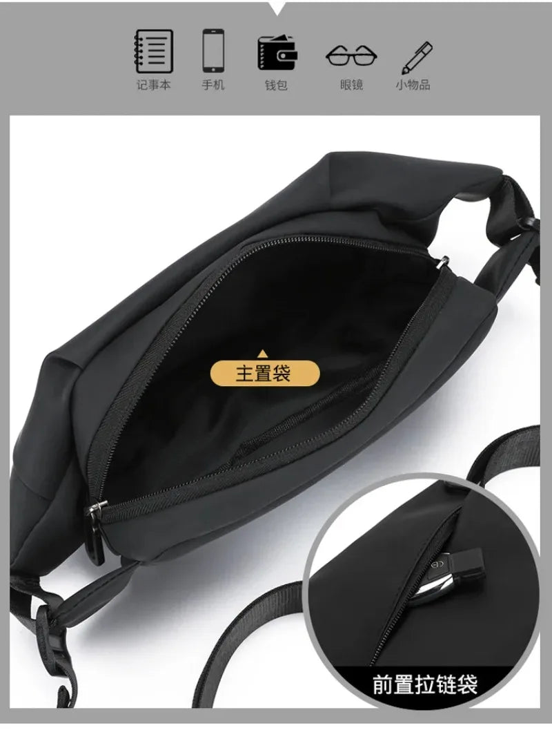 Schwarze minimalistische Laufgürteltasche mit Detailansicht des Reißverschlusses und des Riemens.