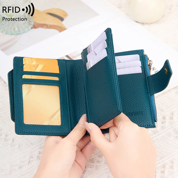 A dark teal RFID blocking bi-fold card holder wallet is shown being held open to display cards.