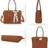 A brown vintage PU leather laptop tote bag with a scarf and a matching clutch shown in multiple views.