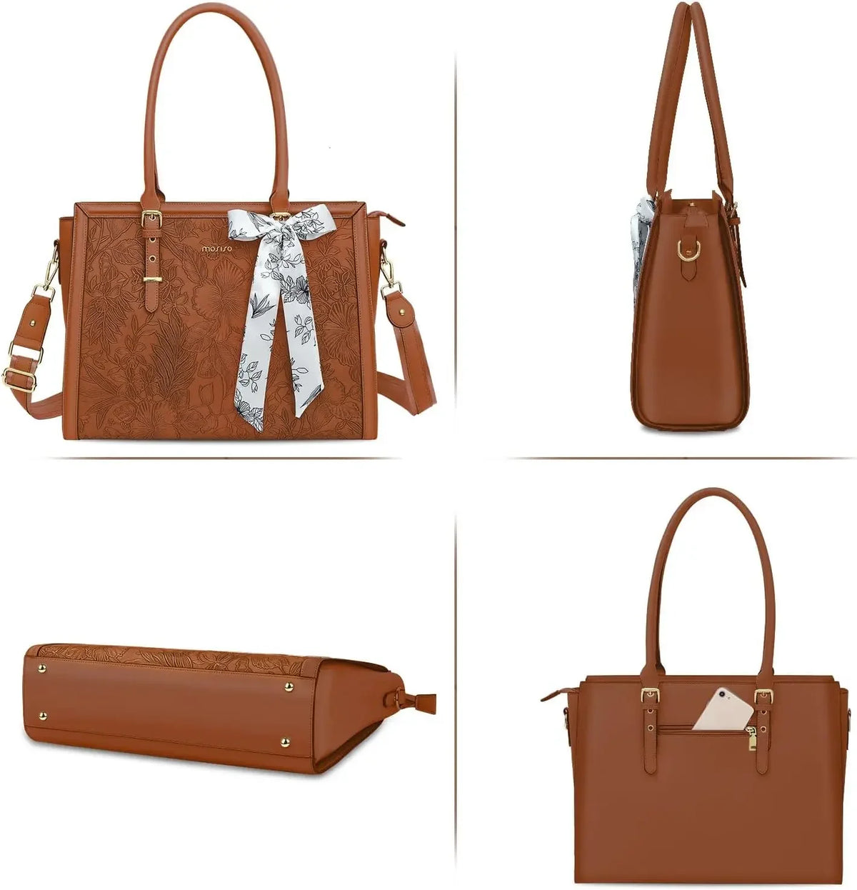 A brown vintage PU leather laptop tote bag with a scarf and a matching clutch shown in multiple views.