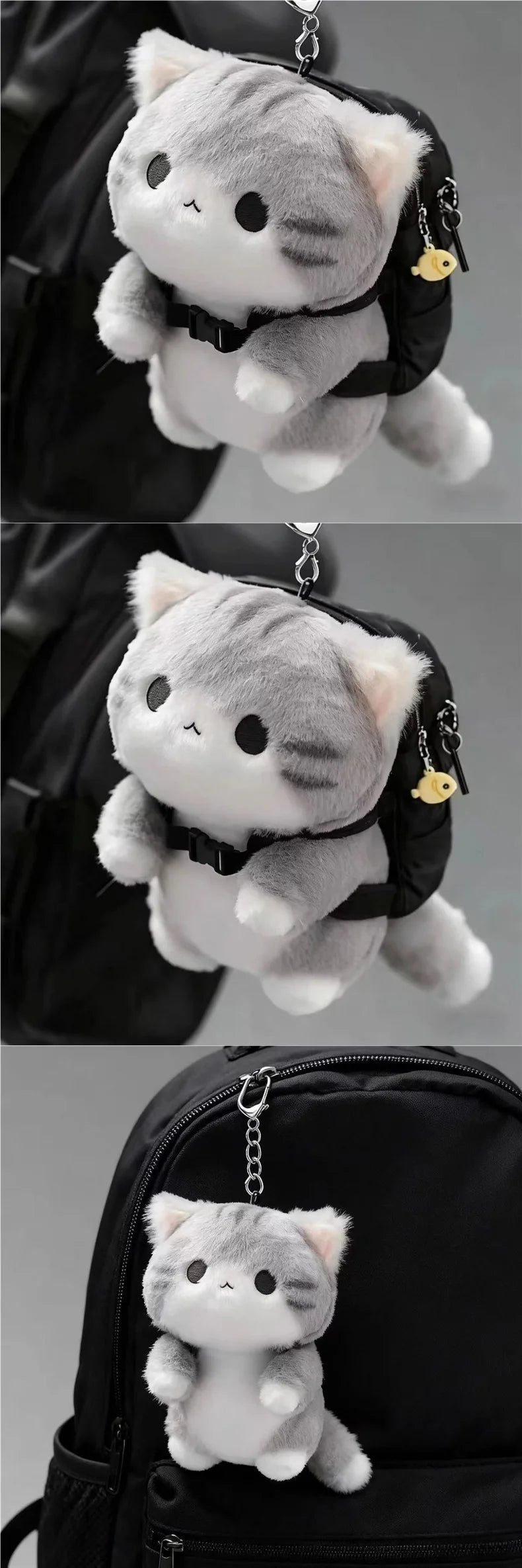 A grey soft cat plush pendant attached to a black backpack.