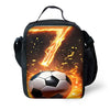 Black backpack featuring a bright orange lightning bolt design and a soccer ball graphic on the front.