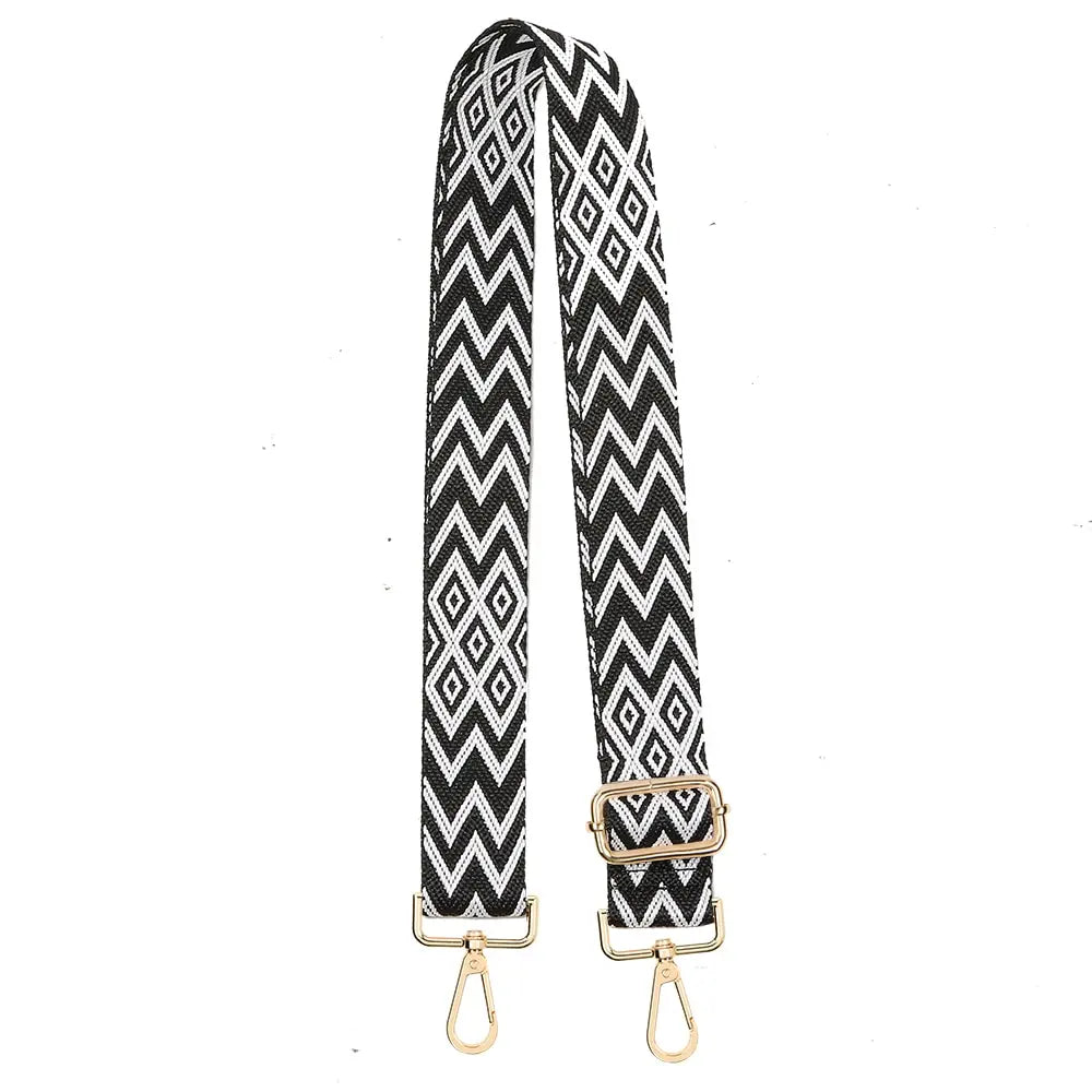 Black and white geometric patterned nylon crossbody bag strap with gold hardware