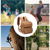 A brown tactical backpack is shown in various outdoor contexts including travel, sports, mountaineering, and military trainin