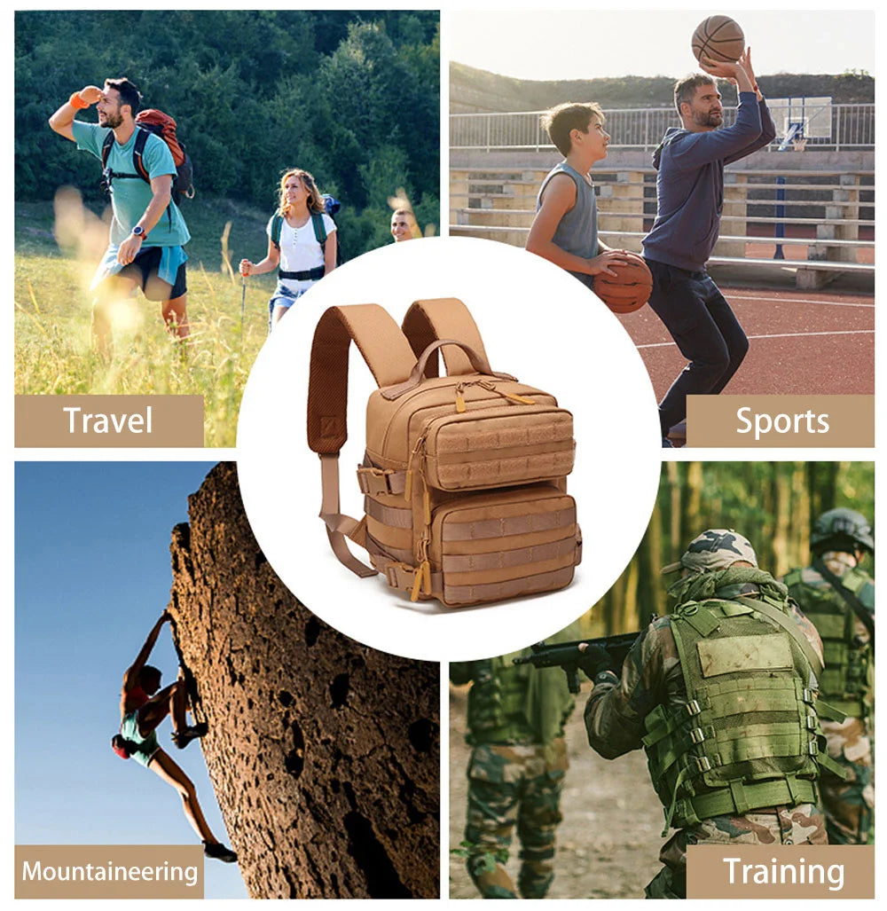 A brown tactical backpack is shown in various outdoor contexts including travel, sports, mountaineering, and military trainin