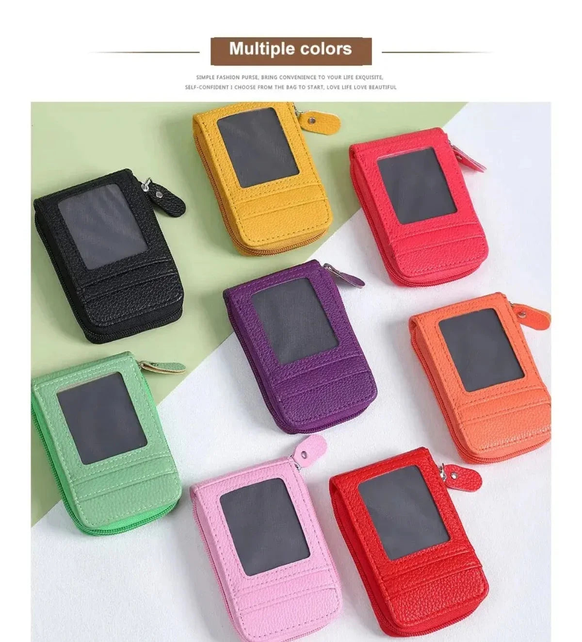 A collection of multiple colored slim leather wallets with RFID blocking features displayed on a white background.
