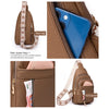 A brown PU leather crossbody chest bag with a blue interior lining and a beige strap, showing various features like zippers a