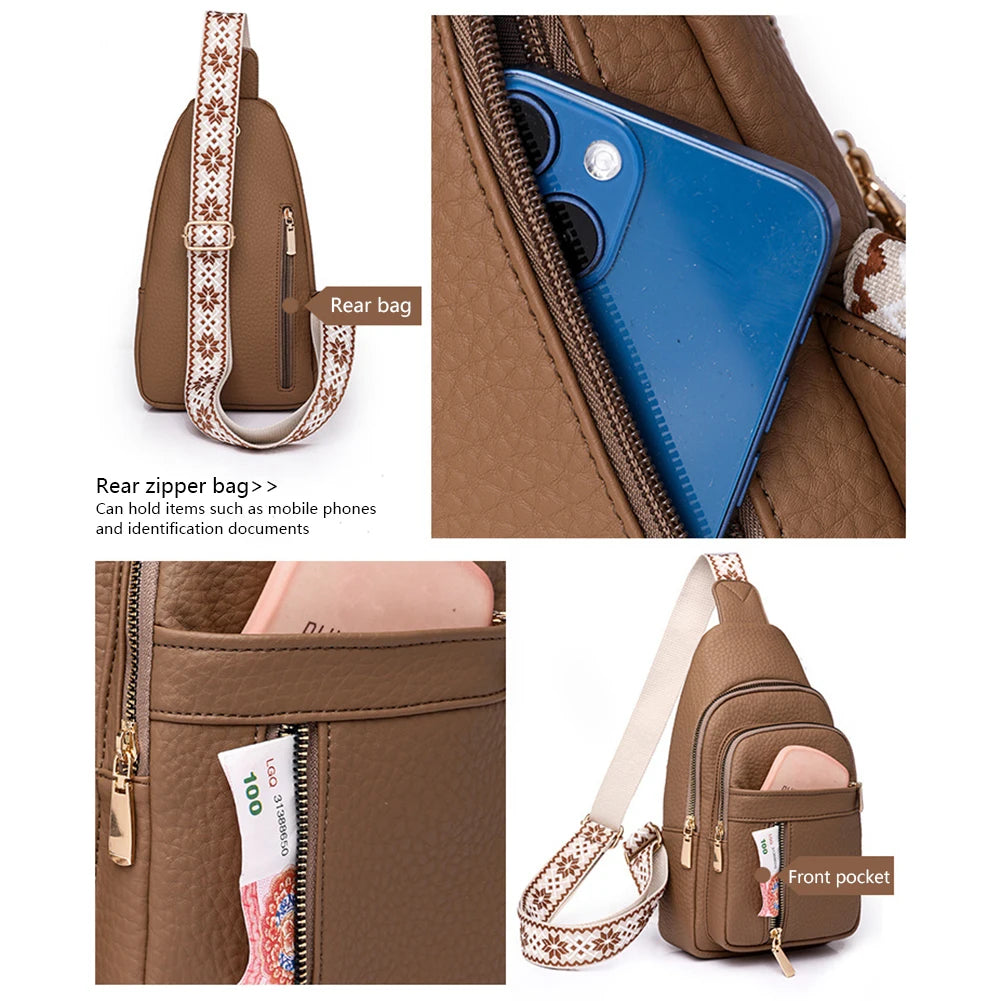 A brown PU leather crossbody chest bag with a blue interior lining and a beige strap, showing various features like zippers a