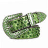 A decorative western buckle belt featuring green and silver stones and metal accents.