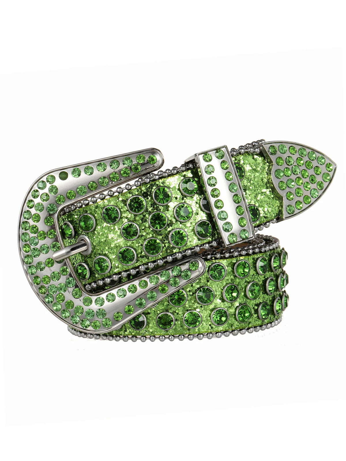A decorative western buckle belt featuring green and silver stones and metal accents.