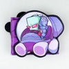 Cartera porta tarjetas de cartón morado y turquesa con un personaje azul enojado.