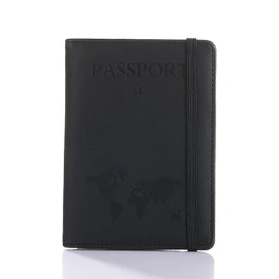 Black leather passport organizer with RFID blocking features and card slots.