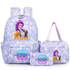 A purple and white fashion backpack set featuring a main backpack and a separate pouch with a purple-haired character design.