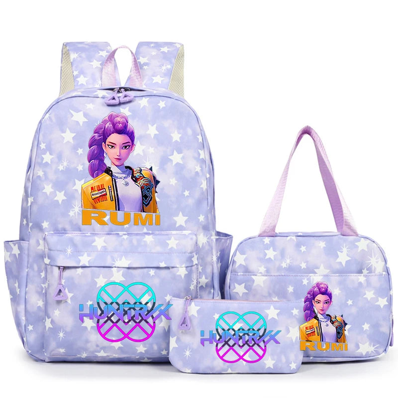 A purple and white fashion backpack set featuring a main backpack and a separate pouch with a purple-haired character design.