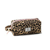 A leopard print travel makeup organizer bag with a pink trim and a small tag.