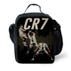 Black backpack featuring a large white text CR7 and an illustration of three soccer players.