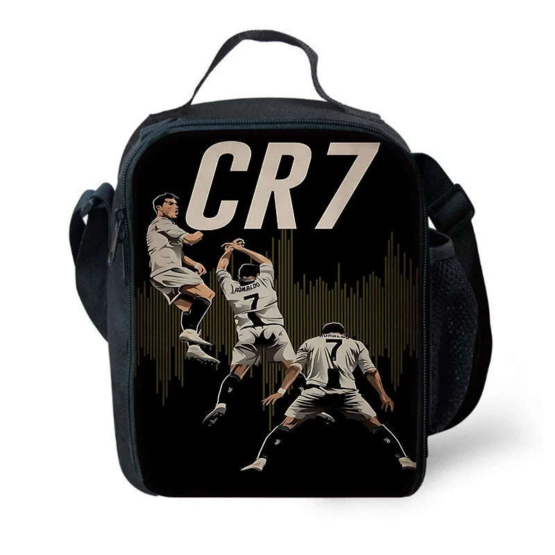 Black backpack featuring a large white text CR7 and an illustration of three soccer players.