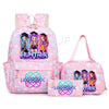 A pink backpack set featuring anime-style characters on the front and purple accents.