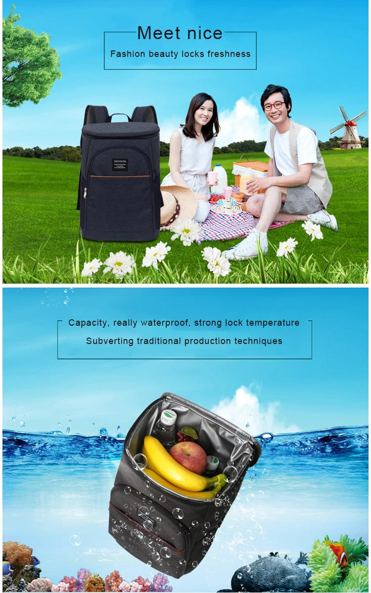 A black insulated thermal cooler backpack is shown on a grassy field with a man and woman, highlighting its capacity and wate