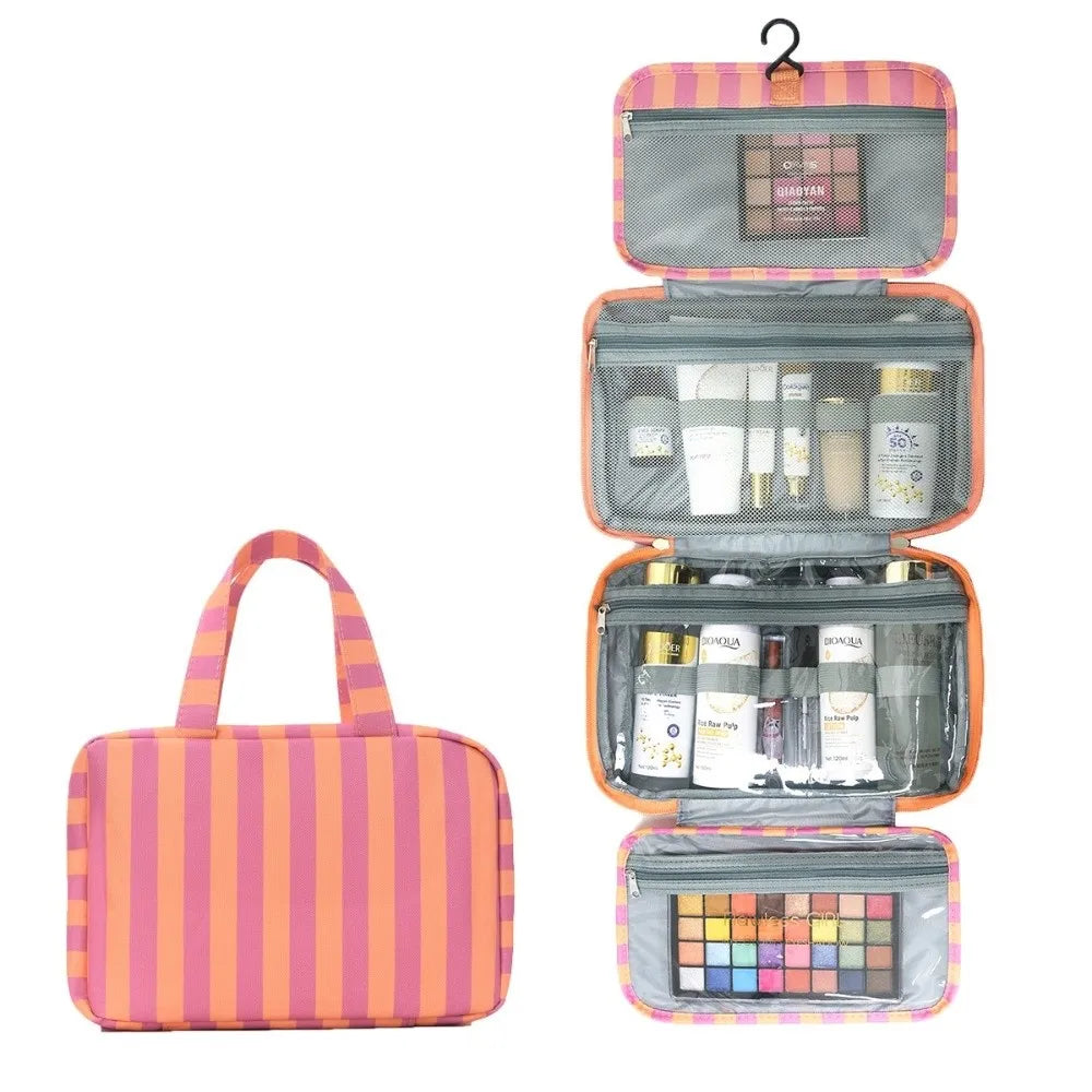 Bolsa de tocador colgante de 4 pliegues a rayas rosa y naranja con compartimento con cremallera transparente y paleta de somb