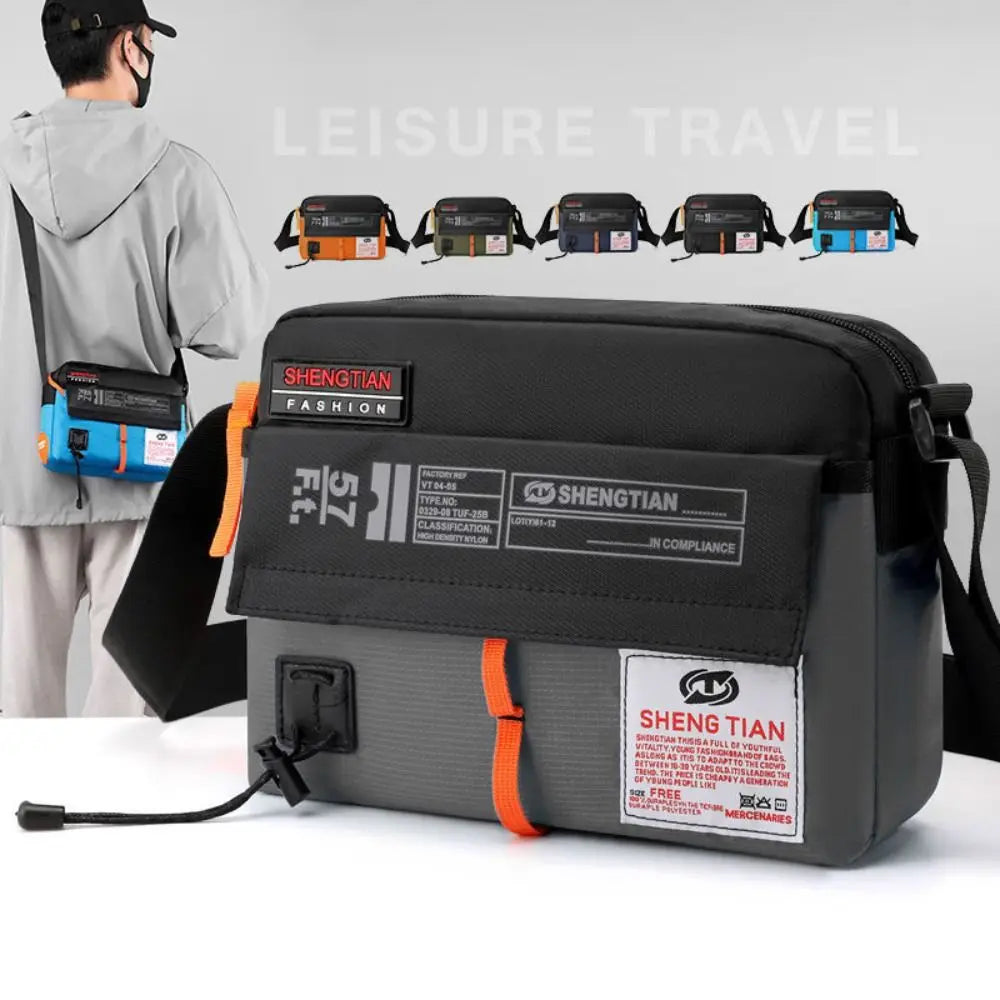 Black waterproof nylon crossbody bag with orange accents displayed against a gray background.