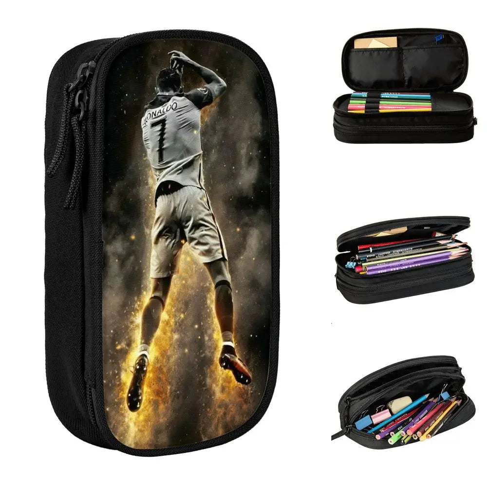 Black zippered pencil case with multiple compartments for school and office supplies