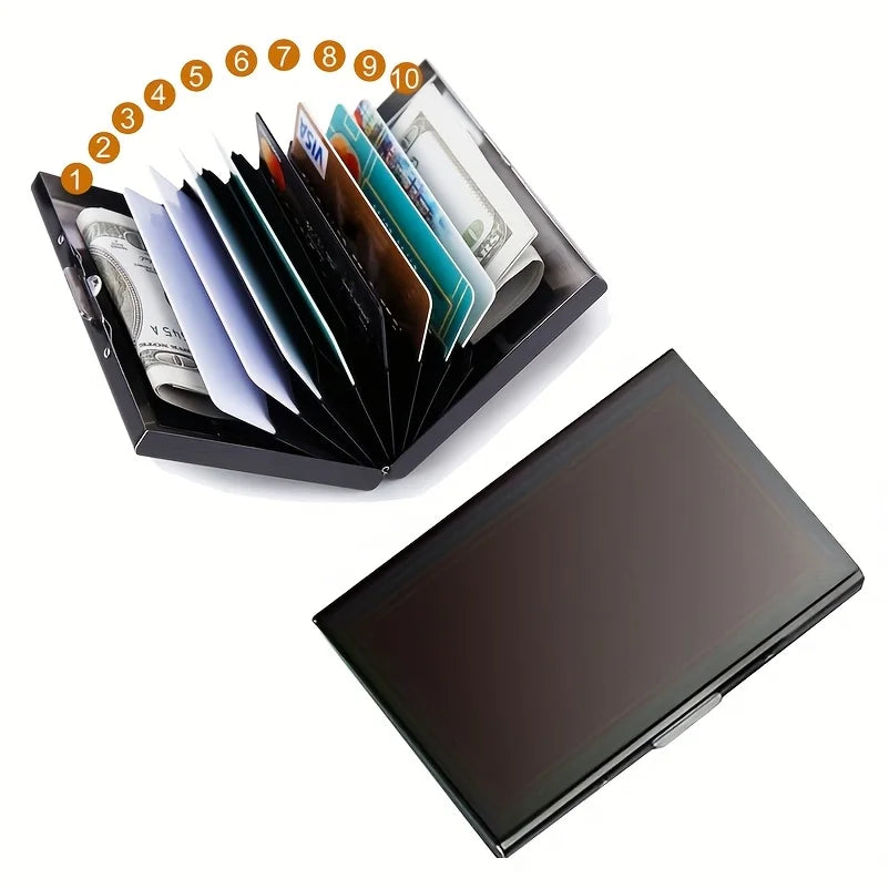 Schwarze Metal-RFID-Kreditkarten-Wallet mit zehn gestapelten, nummerierten Karten von 1 bis 10.