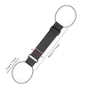 Black heavy-duty nylon luggage strap with circular ends and a strap for secure travel.