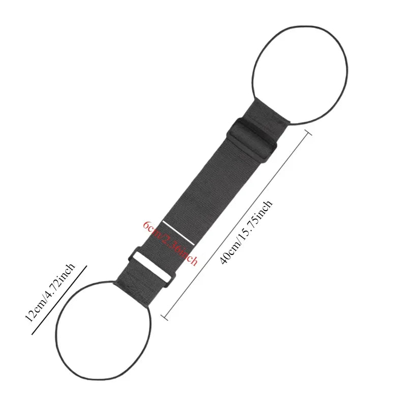 Black heavy-duty nylon luggage strap with circular ends and a strap for secure travel.