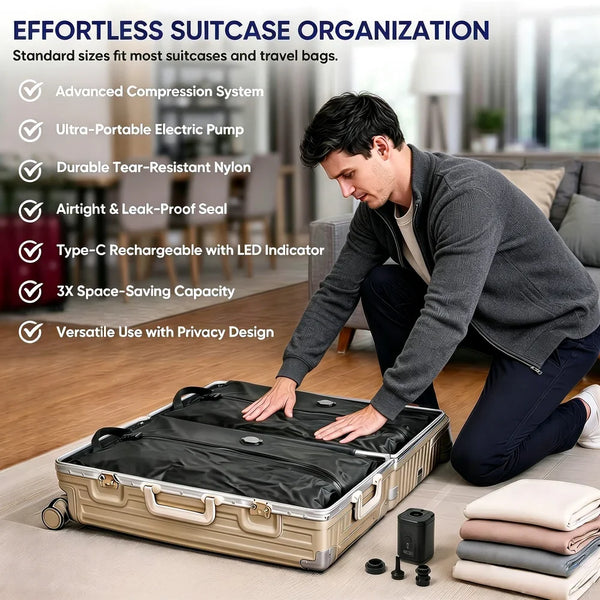 A man is demonstrating a TPU vacuum storage bag for travel and home organization on a wooden floor.
