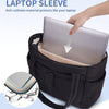A black padded laptop sleeve protecting a silver laptop, shown next to a graphic of an anti-collision material.