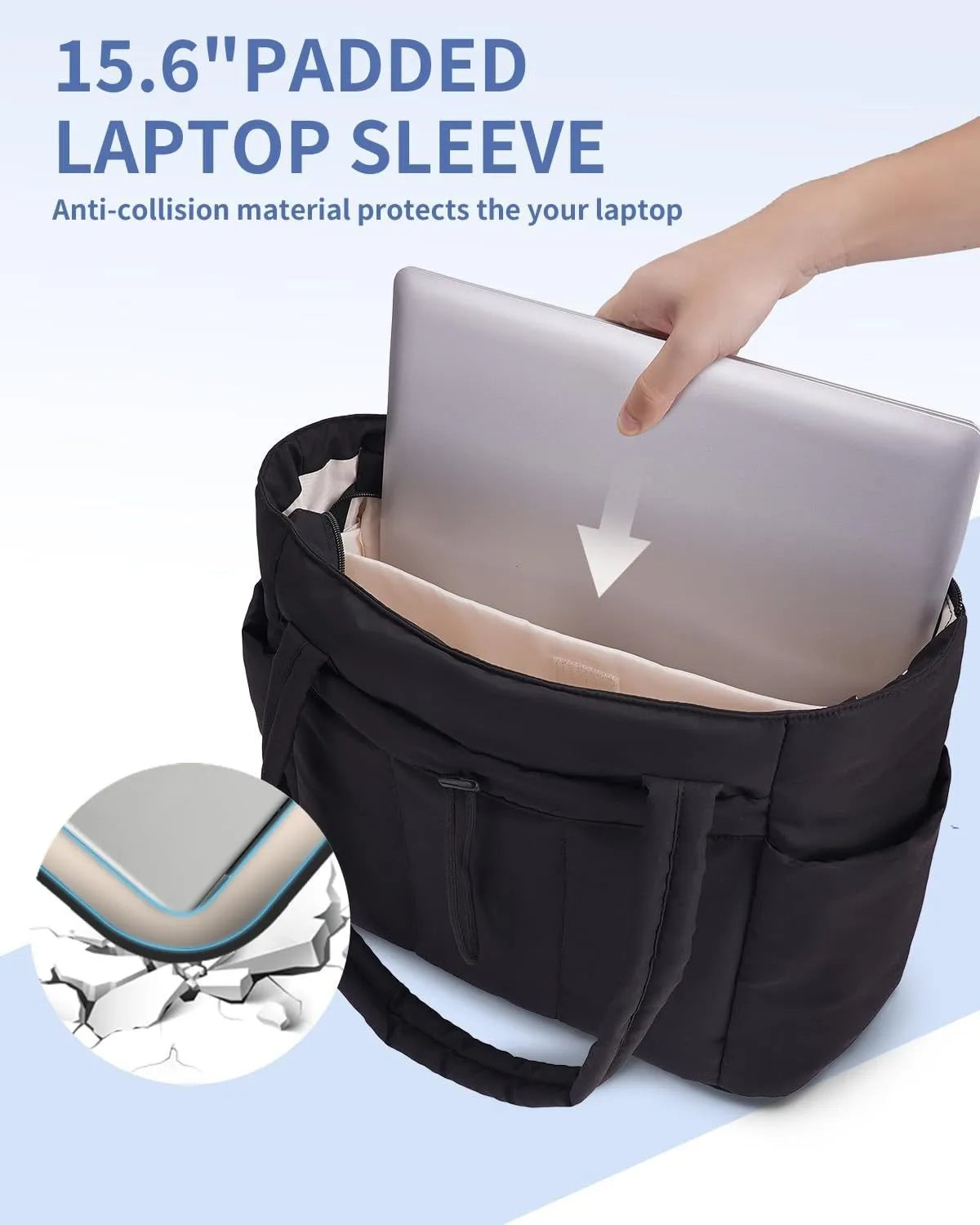 A black padded laptop sleeve protecting a silver laptop, shown next to a graphic of an anti-collision material.