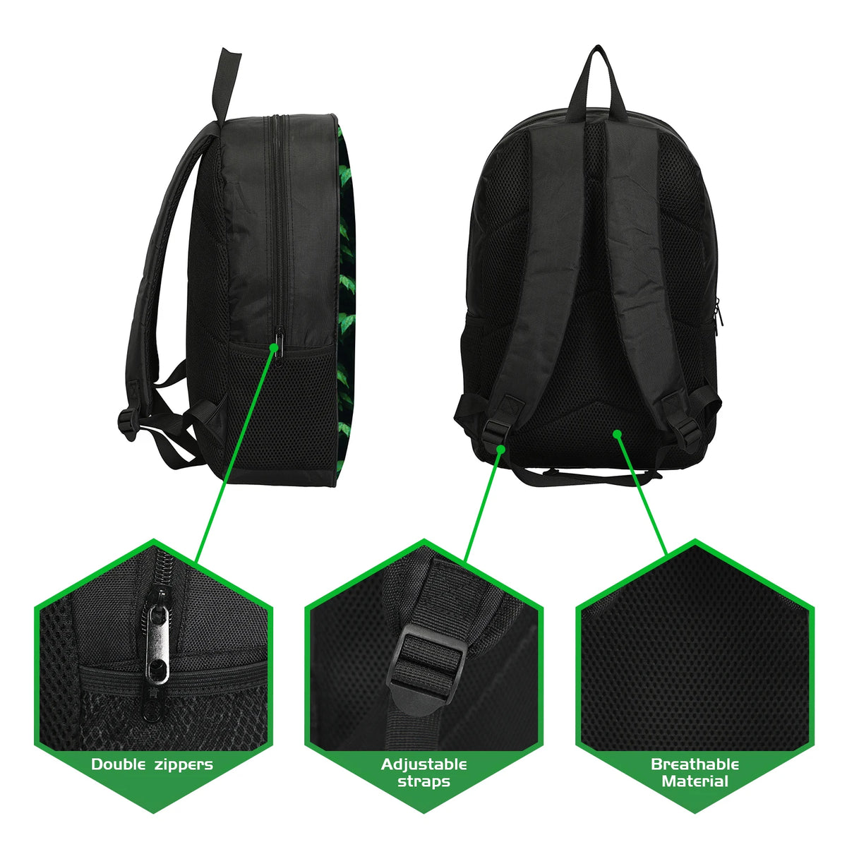 Schwarzes Kinderrucksack-Set mit doppelten Reißverschlüssen, verstellbaren Trägern und atmungsaktivem Material.