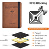 A brown PU leather passport wallet with a black strap next to an illustration showing RFID blocking protection.