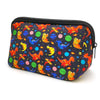 A black cosmetic organizer bag featuring a vibrant pattern of colorful dinosaurs and polka dots.